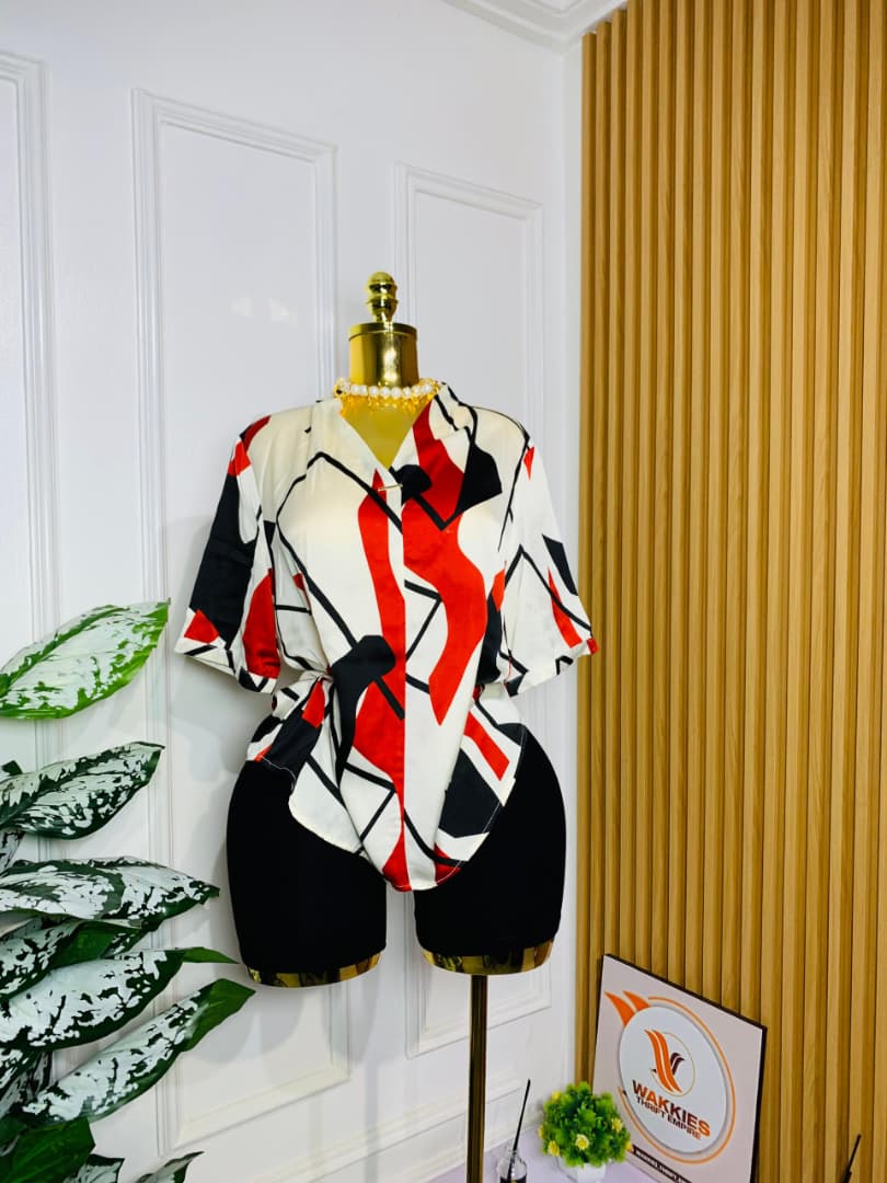 Abstract Geometric Batwing Wrap Blouse