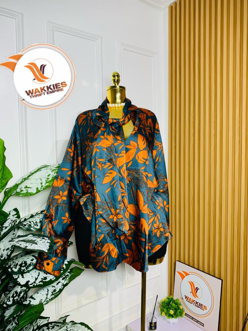 Teal Tropical Floral Satin Blouse