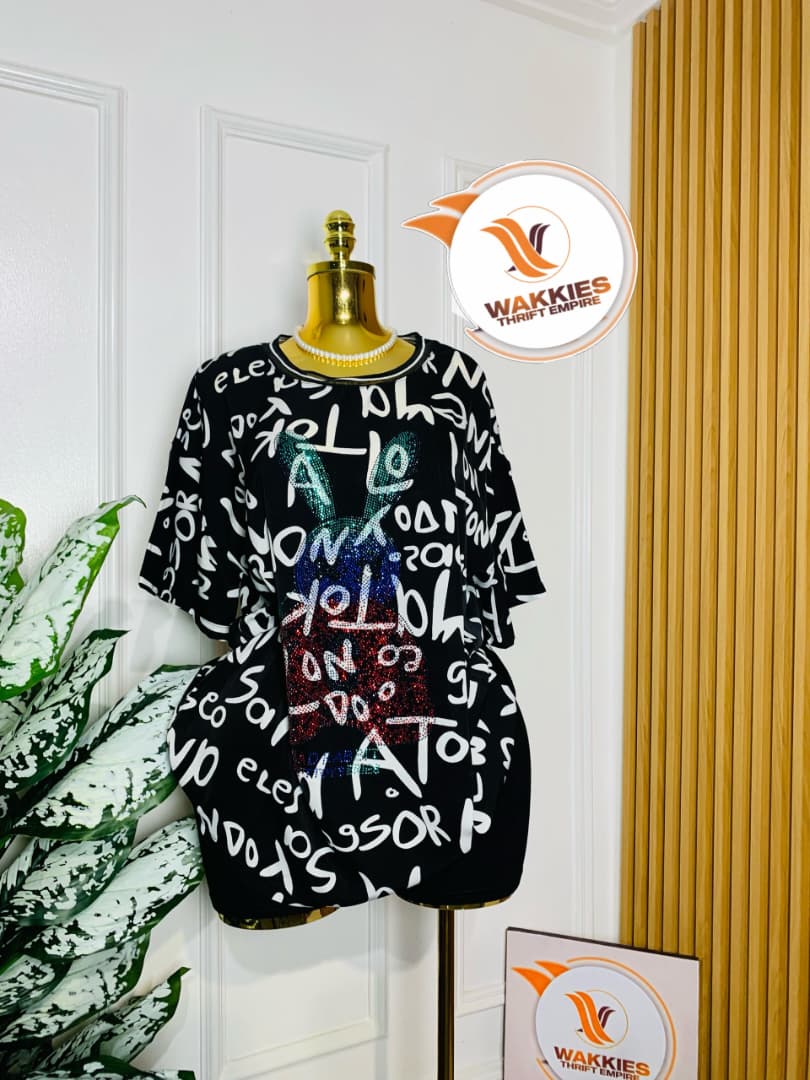 Black Graffiti Rhinestone Graphic Top