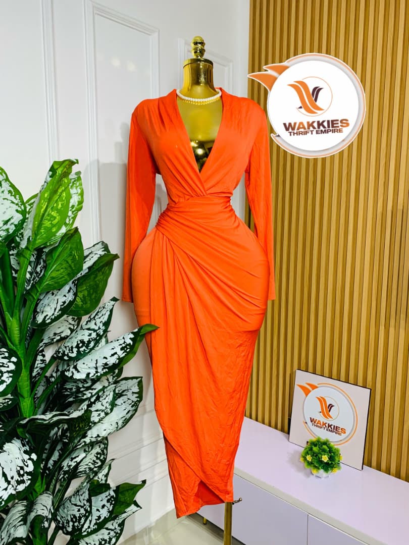 Tangerine Ruched Wrap Maxi Gown