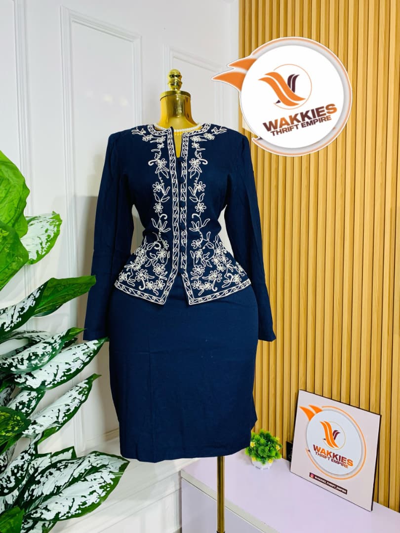 Navy Embroidered Peplum Skirt Set