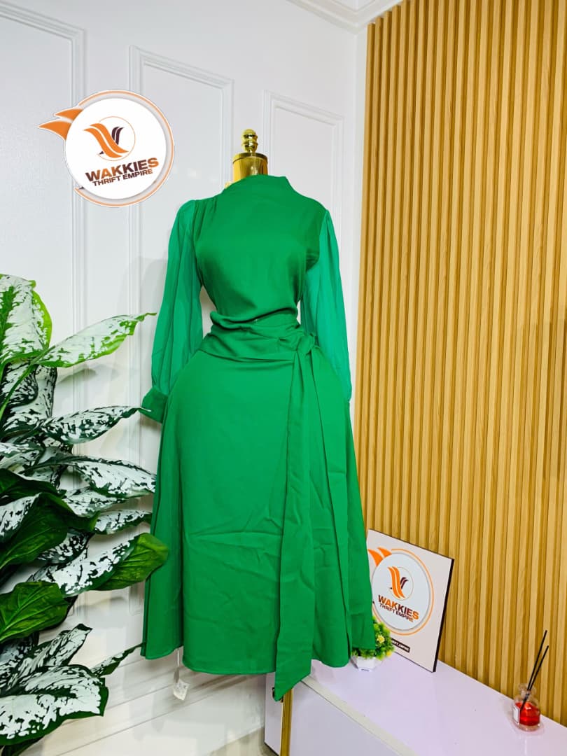 Kelly Green Belted A-Line Midi Gown